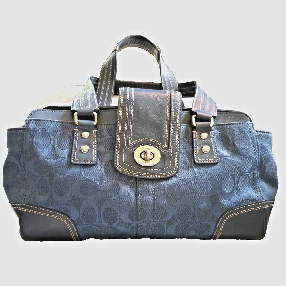 COACH Y2K Hamptons Blue Logo C Jacquard Satchel Shoulder Bag Turnlock Silver